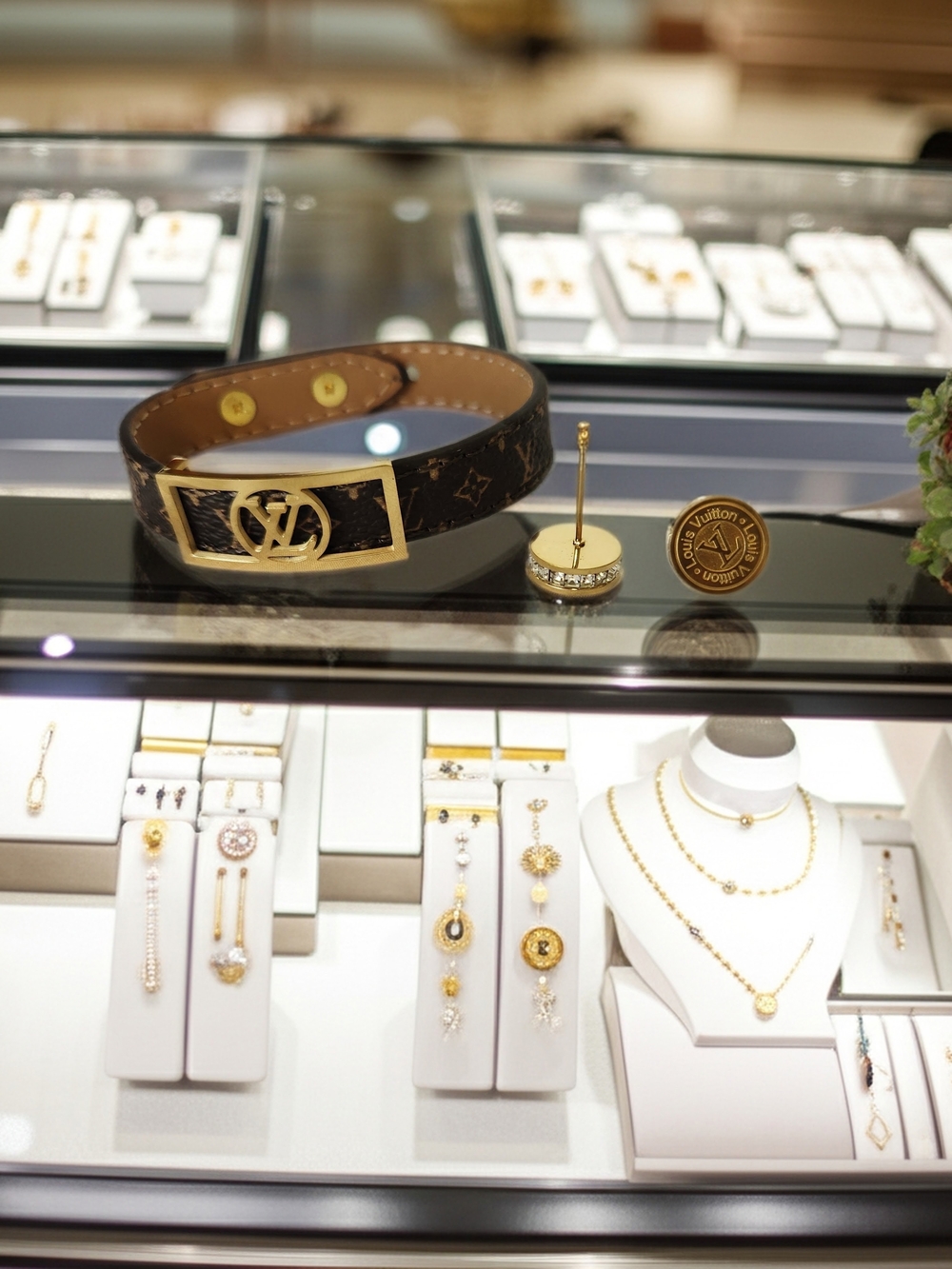 Louis Vuitton Brown Monogram Bracelet with Gold LV Earrings